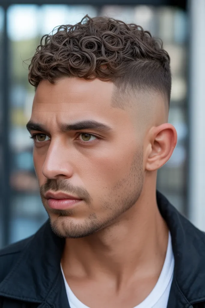 Short Curly Top with Burst Fade