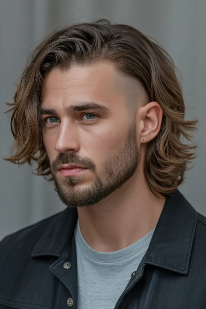 Shoulder-Length Shag with Beard Fade