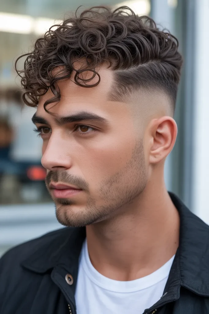 Taper with Defined Curls and Temple Fade