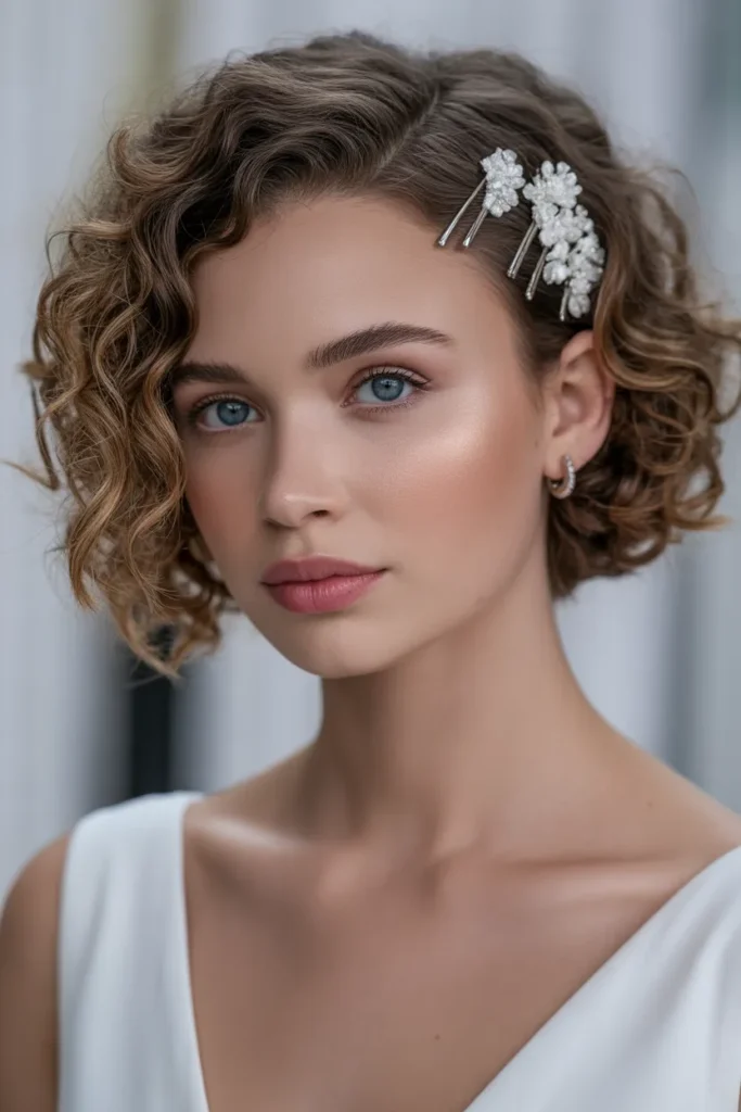 Curly Bob with Floral Pins