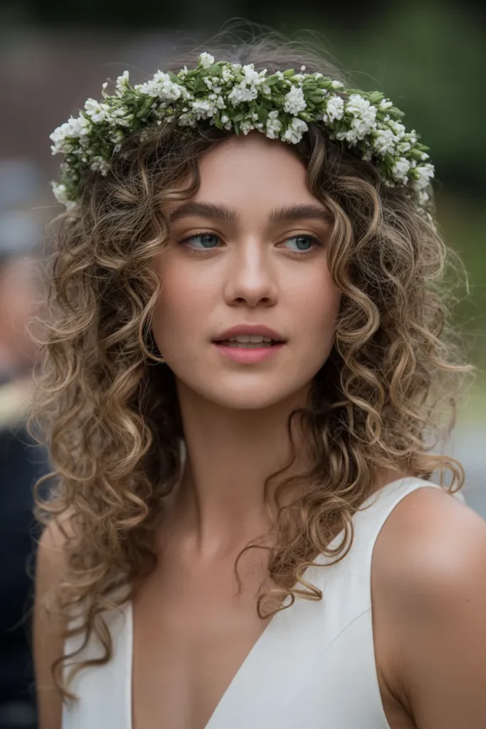 Curly Hair with Floral Crown