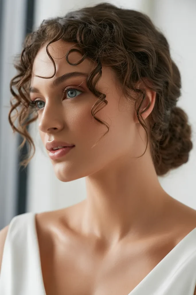 Curly Low Bun with Face-Framing Tendrils