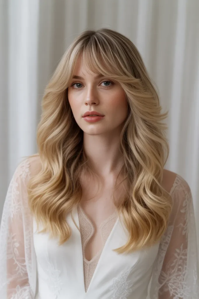 Long Layered Waves with Wispy Bangs