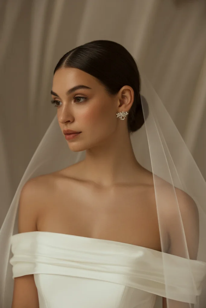 Low Sleek Bun with Middle Part and Veil