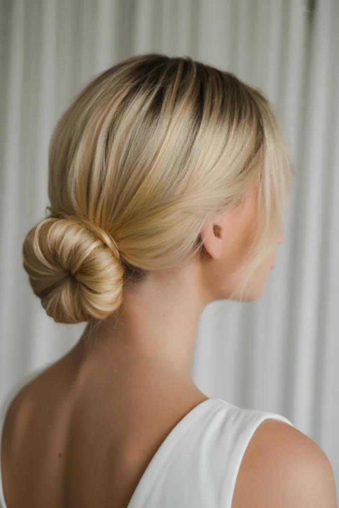 Low Twisted Bun with Curtain Bangs