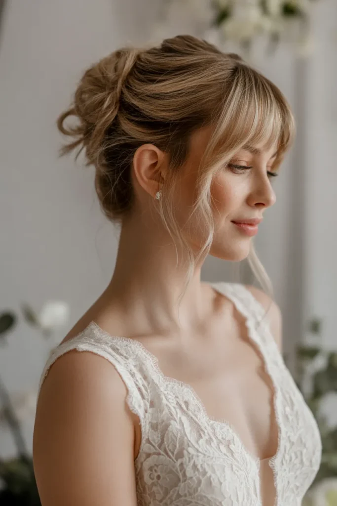 Messy Bun with Side-Swept Bangs