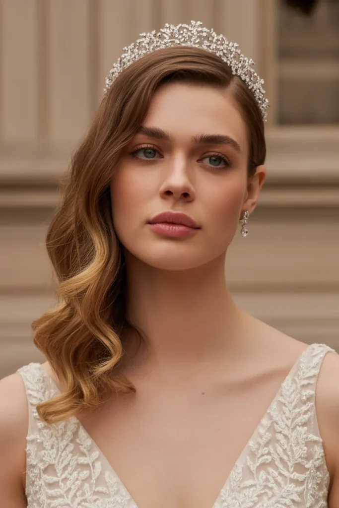 Side-Swept Glam Waves with Tiara