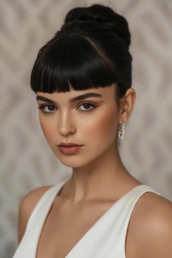 Sleek High Bun with Blunt Bangs