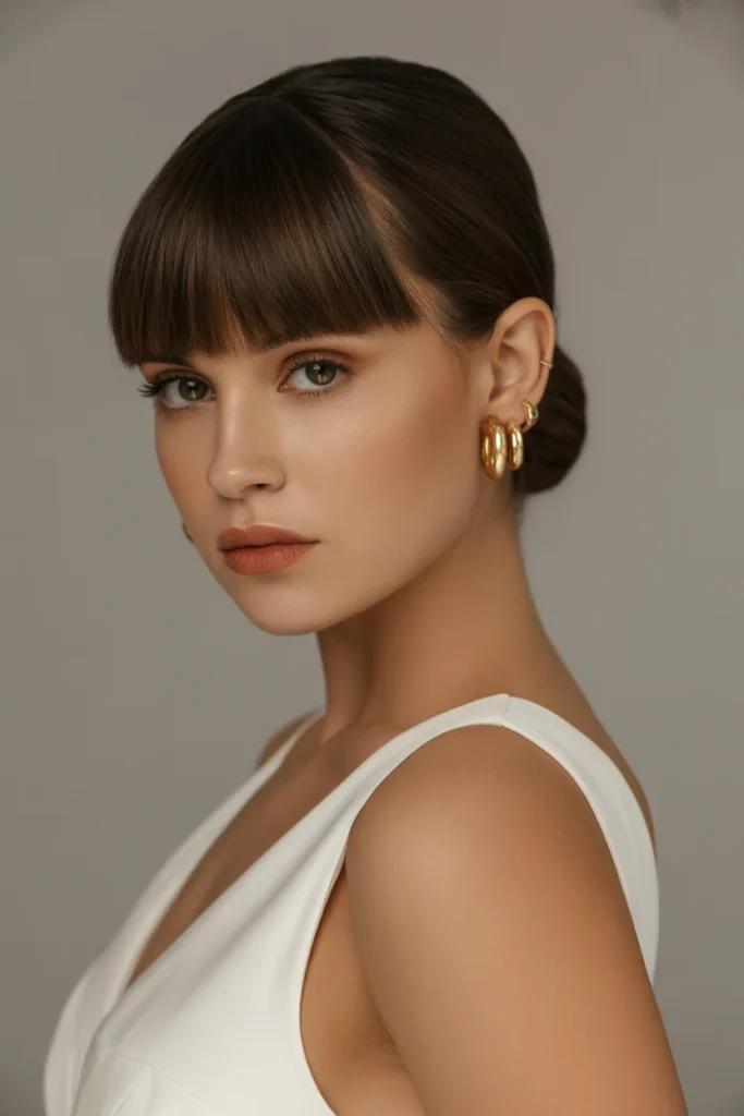Sleek Low Bun with Blunt Bangs