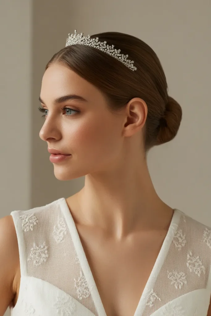 Sleek Low Bun with Middle Part and Tiara