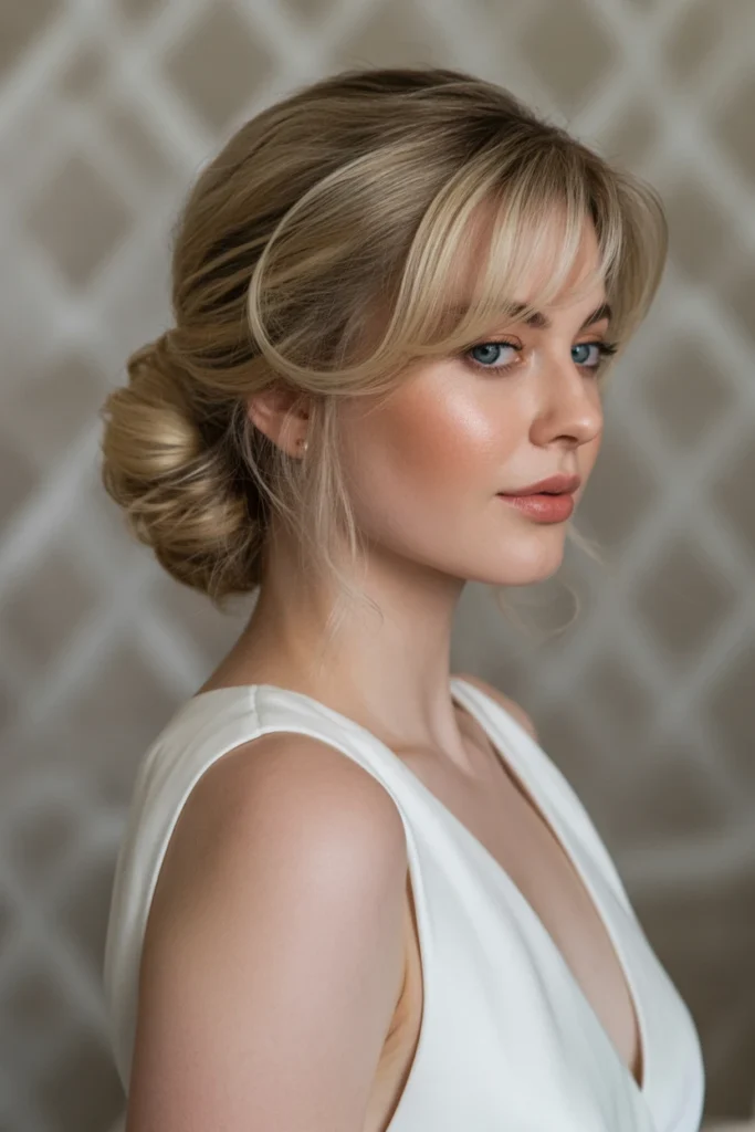Textured Chignon with Side-Swept Bangs