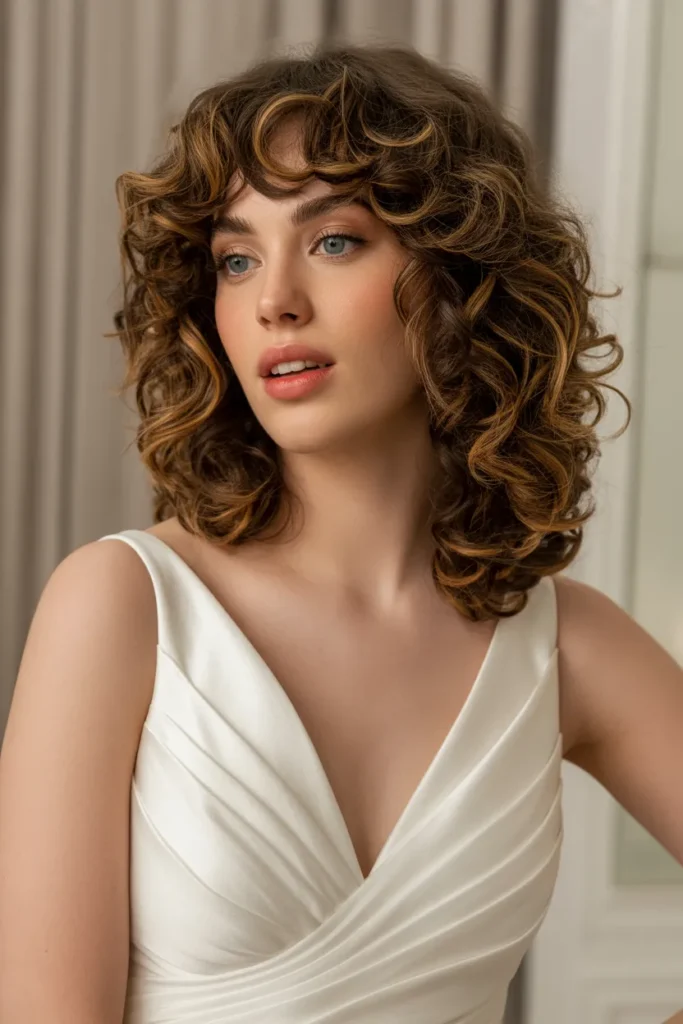 Voluminous Curly Hair with Curtain Bangs