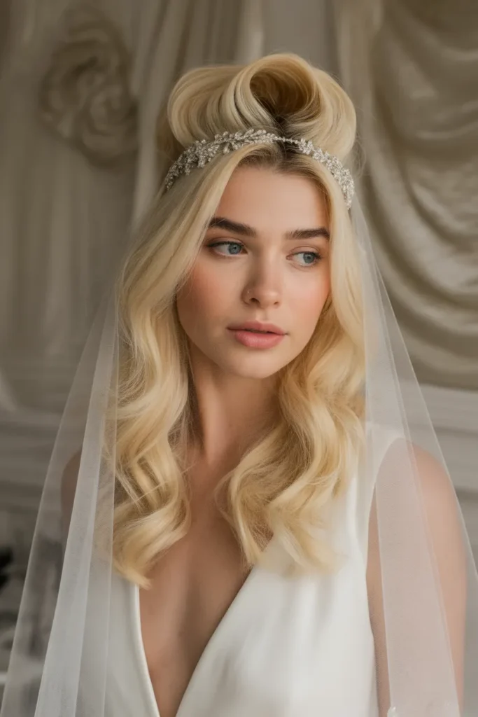 Voluminous Half-Up Bridal Style with Veil