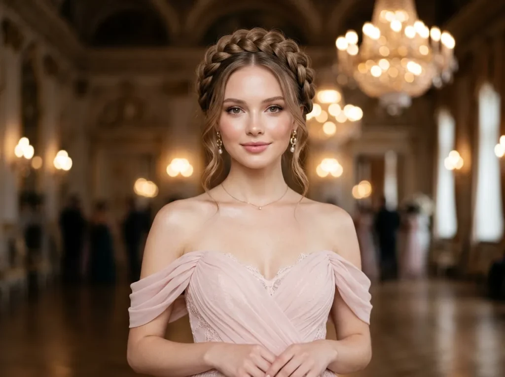 Crown Braid with Face-Framing Tendrils