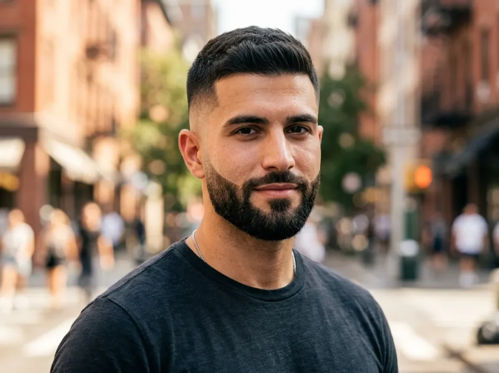 Mid Fade with Short Boxed Beard