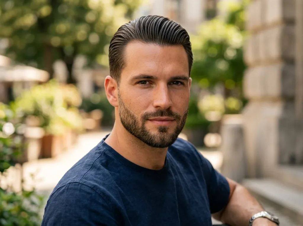 Short Slick Back with Trimmed Beard