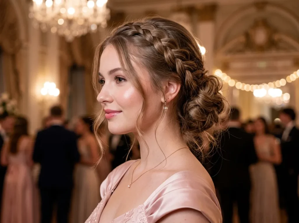 Side Dutch Braid into Low Bun