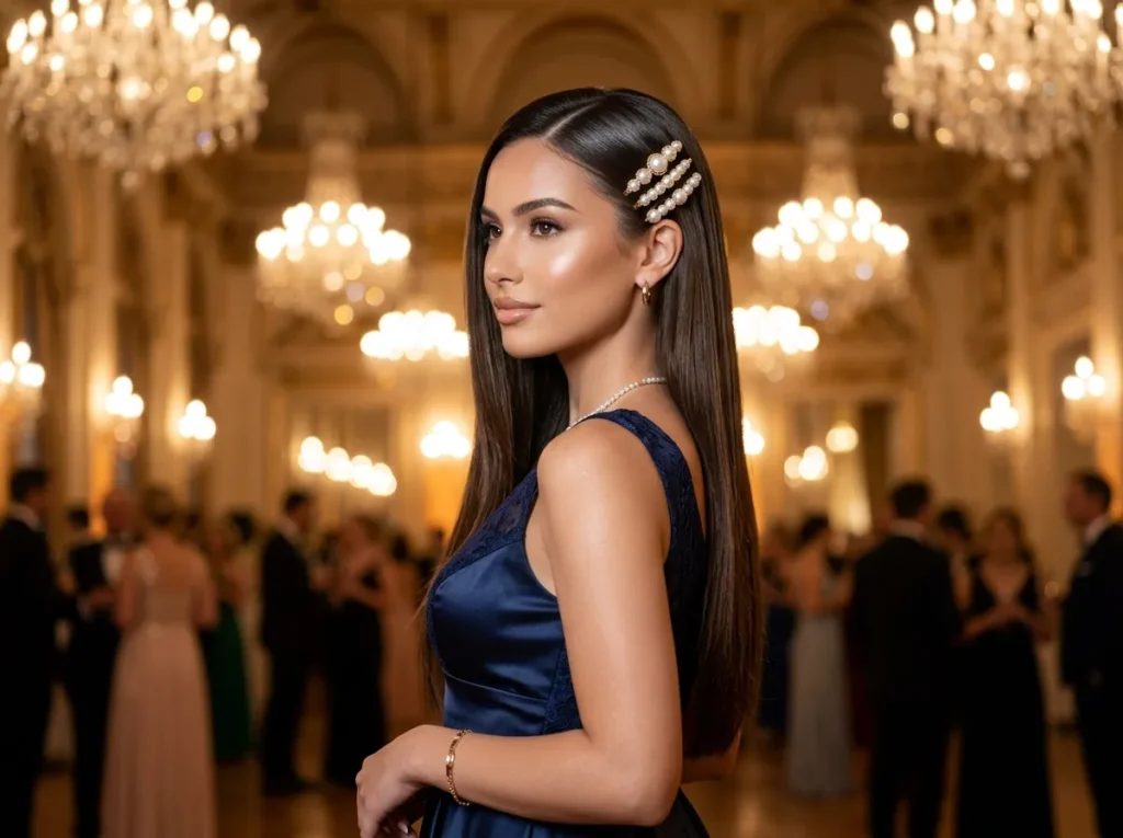 Sleek Hair with Pearl Clips