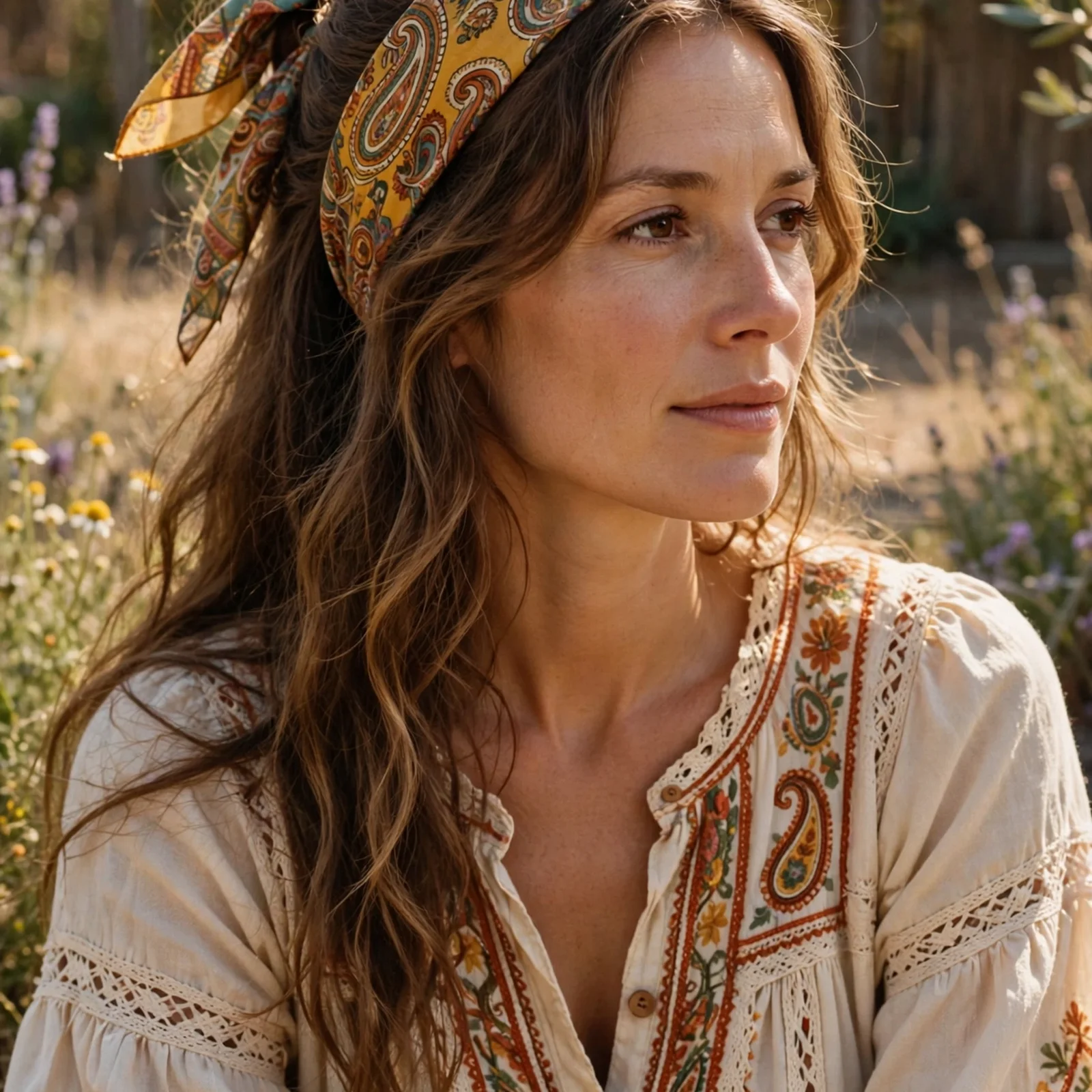 20 Iconic 70s Hairstyles for Women Making a Stylish Comeback in 2026: Half-Up with Scarf