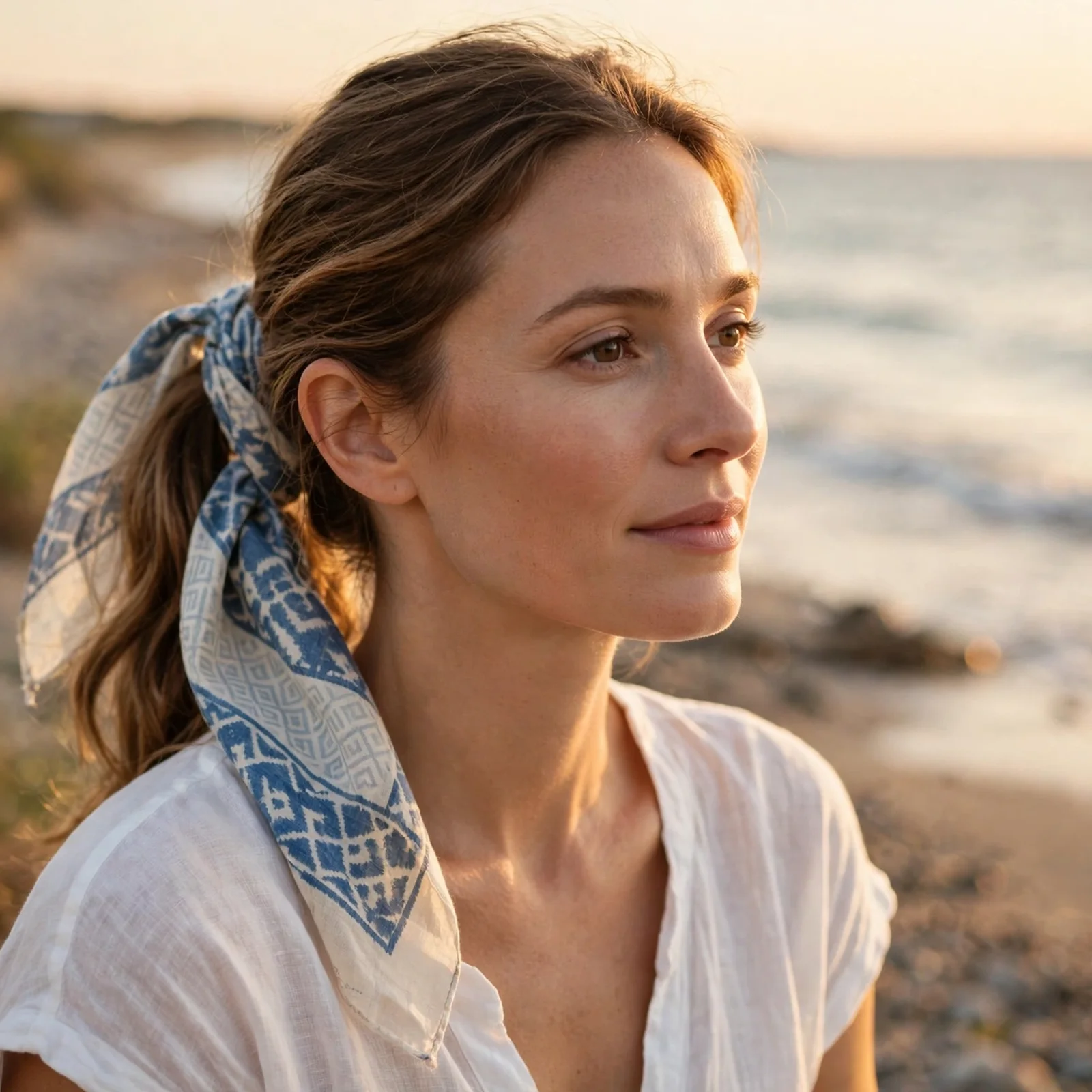25 Beach Hairstyles for Women That Stay Neat in Wind & Humidity: Scarf-Wrapped Low Ponytail