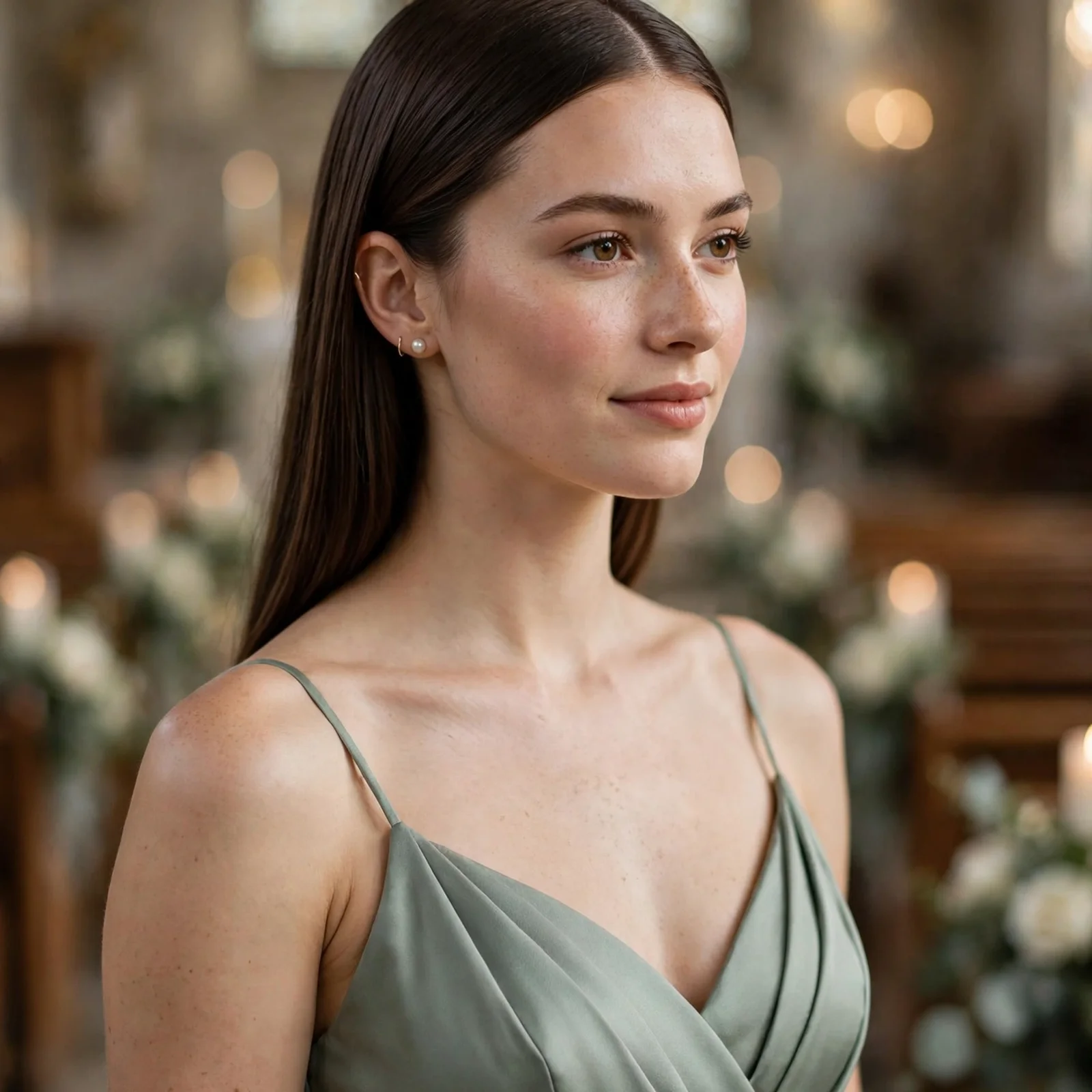 15 Elegant Bridesmaid Hairstyles That Complement Every Dress in 2026: Sleek Straight Hair with Middle Part