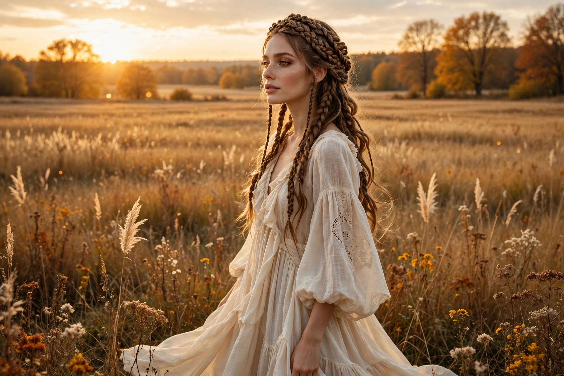 Woman with a braided crown and long braids in an autumn field at sunset – fall braided hairstyle