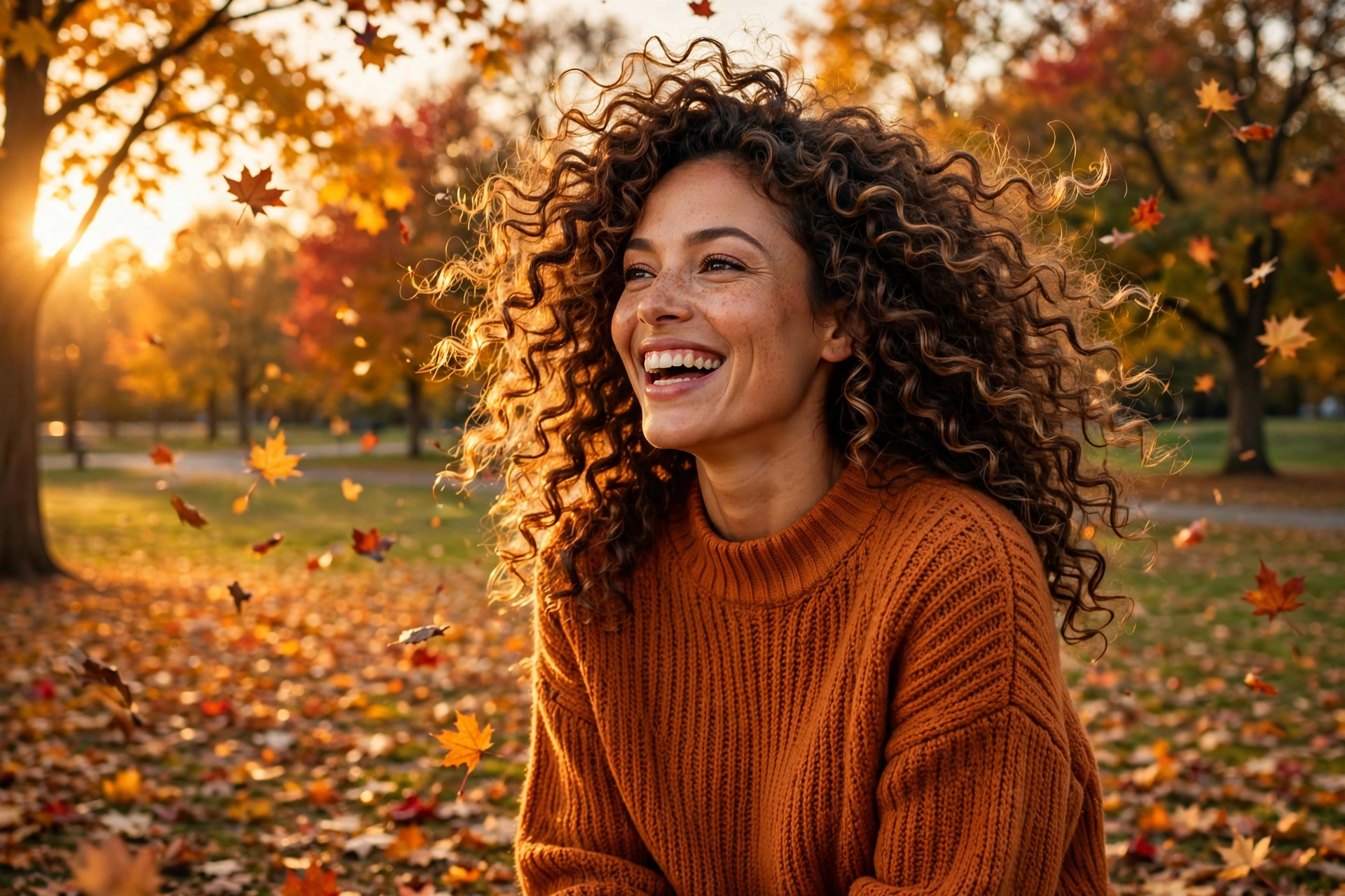 Smiling woman with voluminous curly hair in an autumn park with falling leaves – frizz-free fall curls