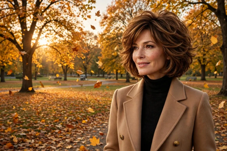 Woman over 40 with a layered brunette bob in an autumn park – flattering fall hairstyle