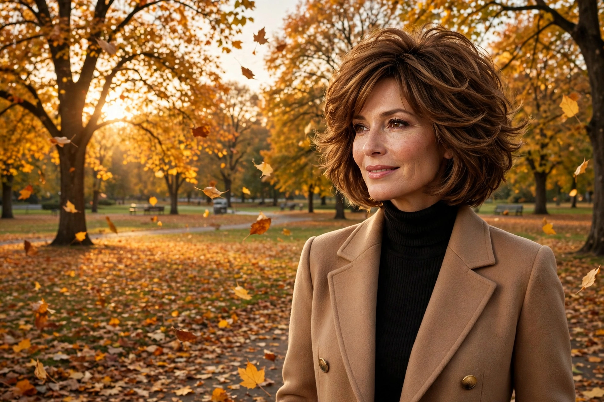 Woman over 40 with a layered brunette bob in an autumn park – flattering fall hairstyle