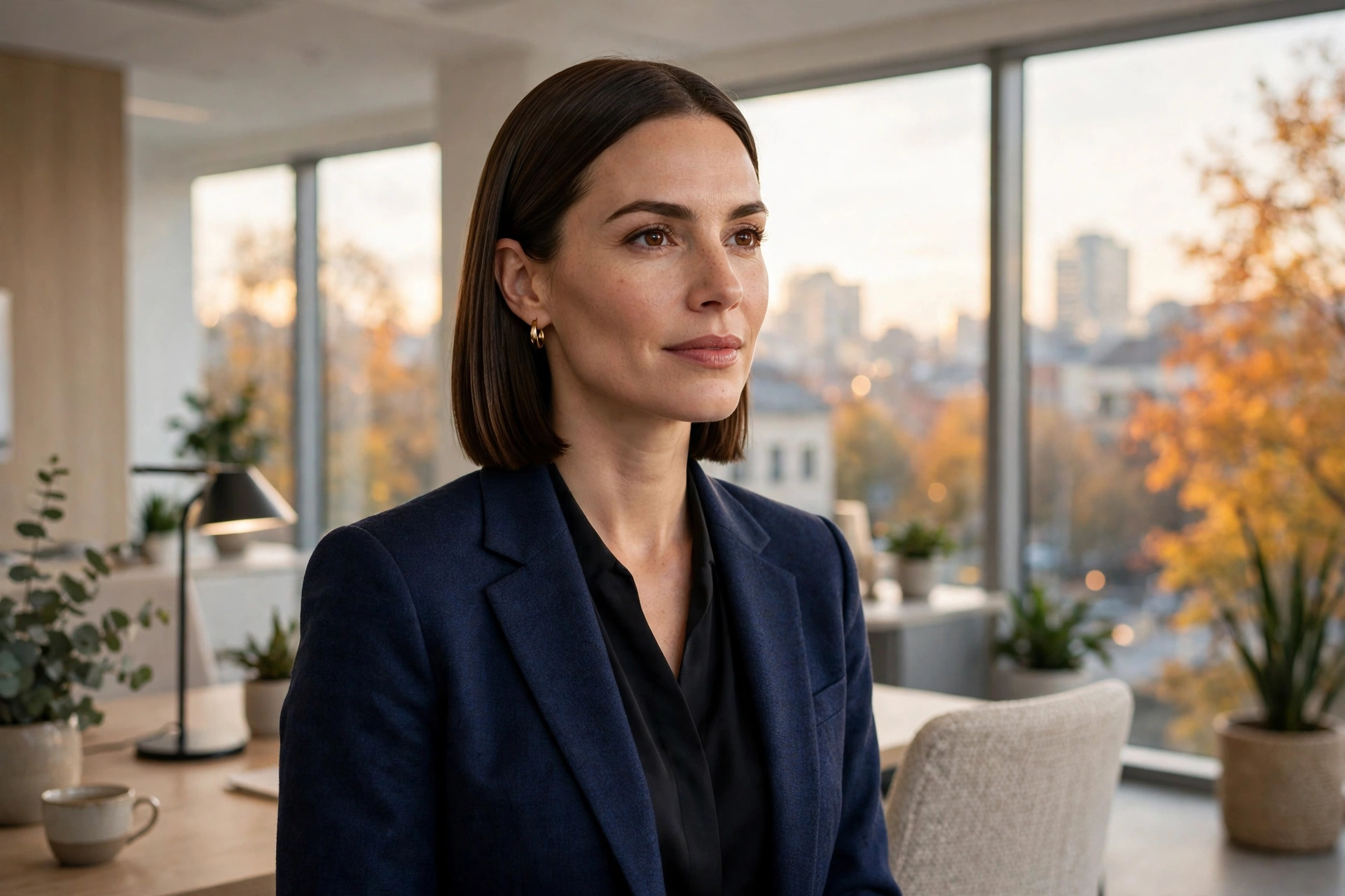 Professional woman with a sleek dark bob in an office – office-ready fall hairstyle