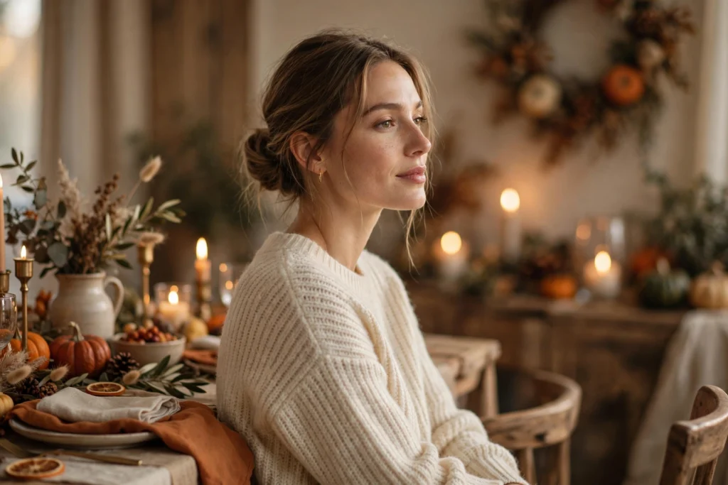 Woman with an elegant low bun at a candlelit Thanksgiving table with pumpkins – easy elegant Thanksgiving hairstyle