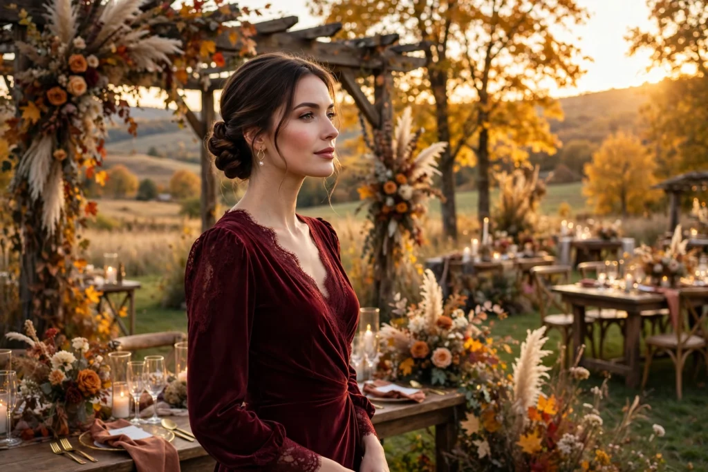 Wedding guest with a braided low bun updo at an outdoor fall wedding – elegant photo-ready hairstyle