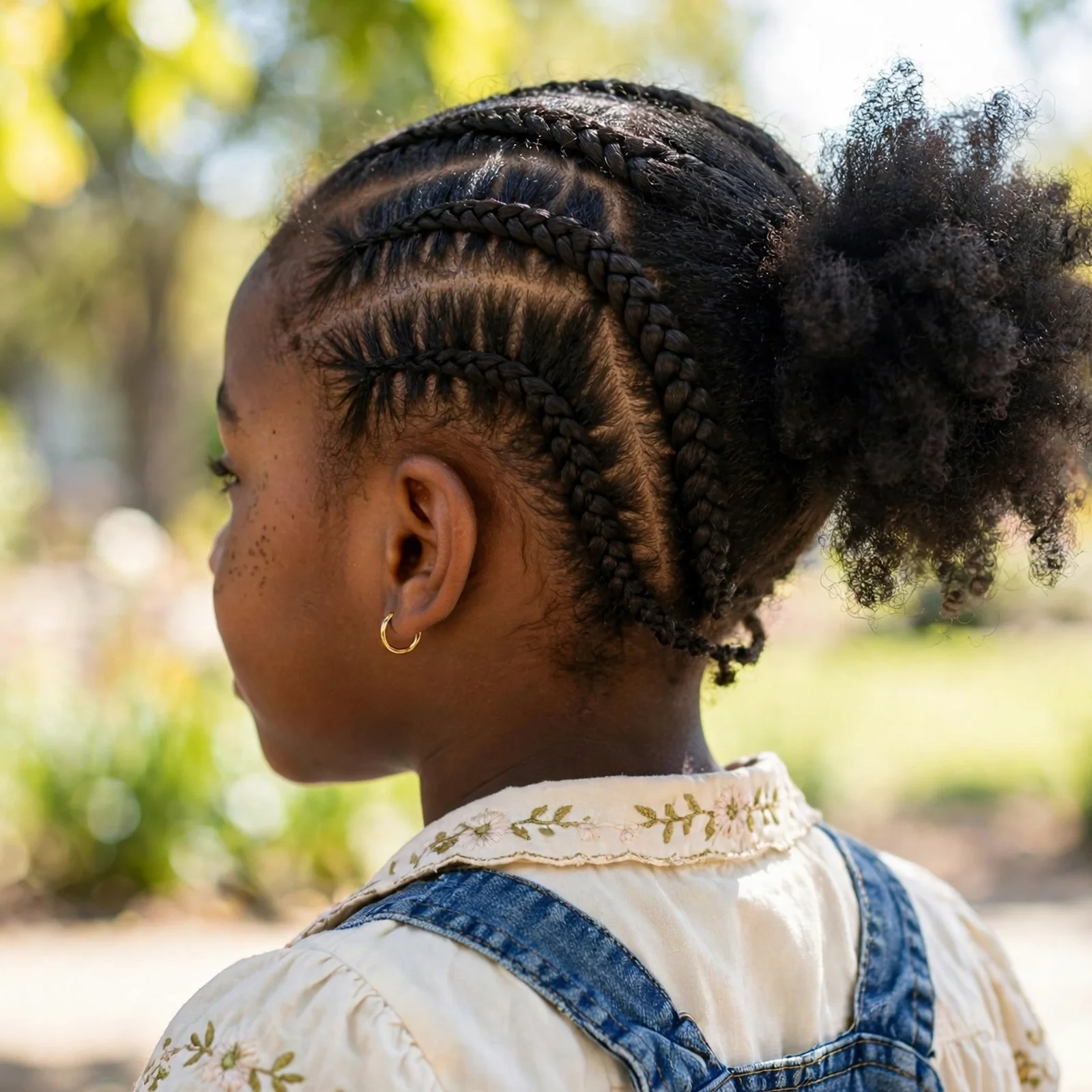 25 Cute & Easy Hairstyles For Black Girls For School, Parties & Beyond: Side Cornrows into Puff