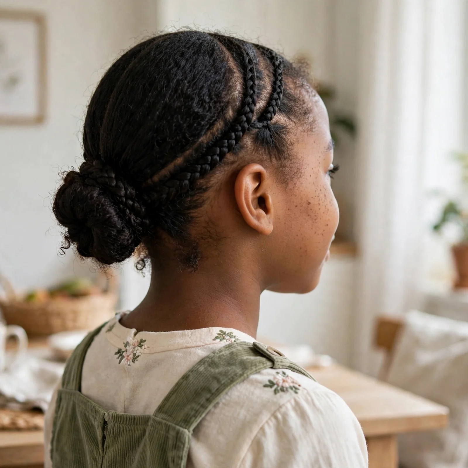 25 Cute & Easy Hairstyles For Black Girls For School, Parties & Beyond: Low Bun with Side Braids
