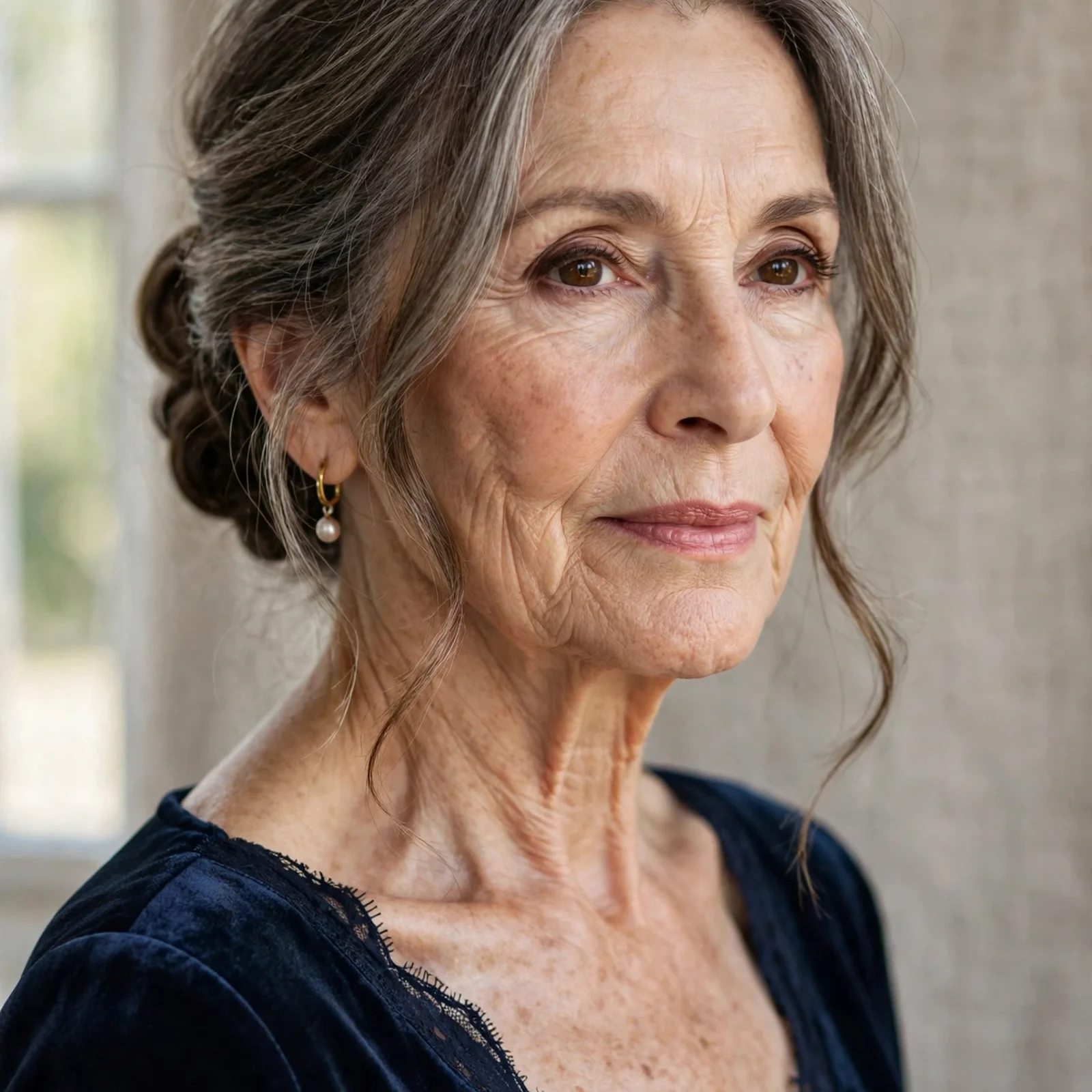 15 Flattering Hairstyles for Women Over 60 That Make You Look Younger: Elegant Low Bun with Face-Framing Strands