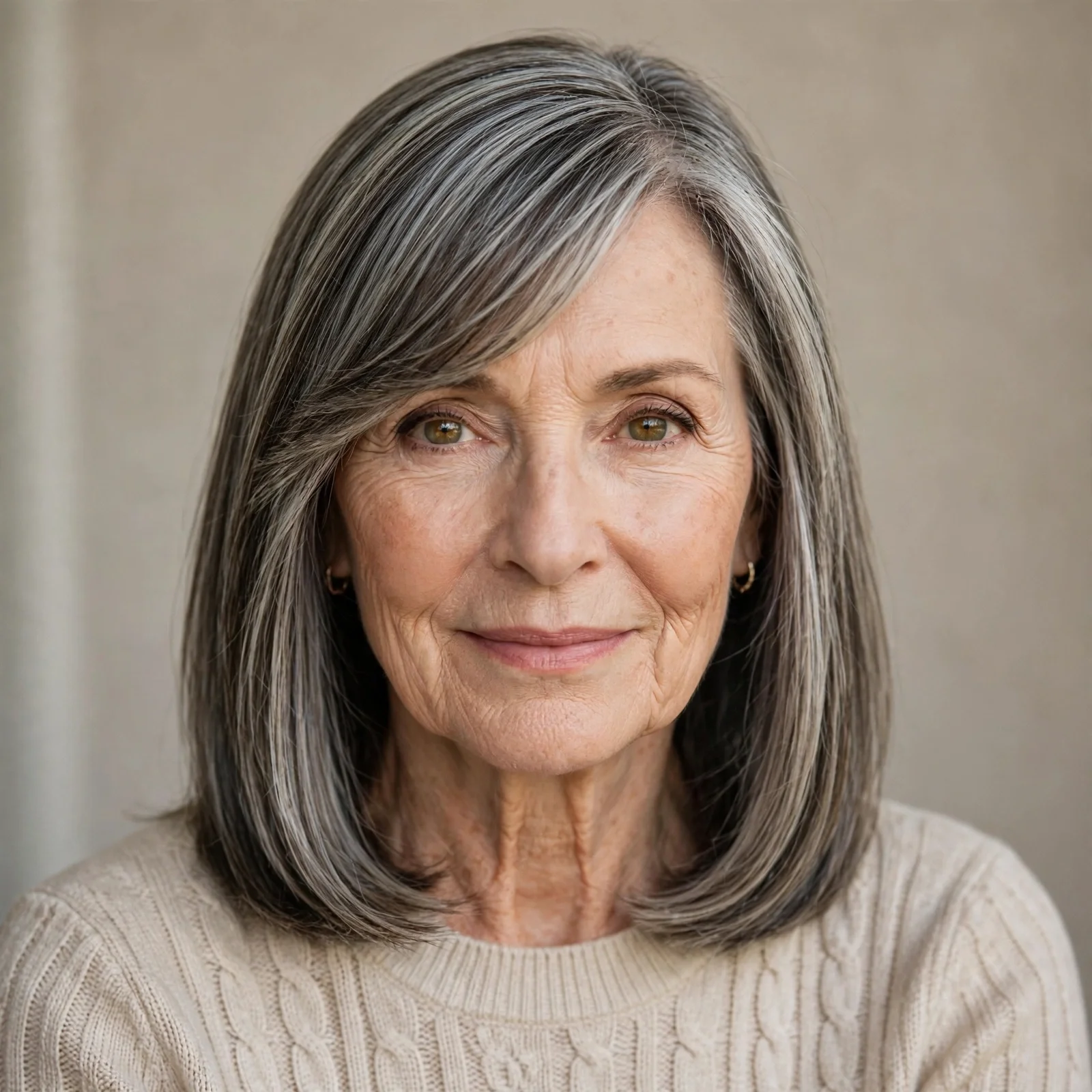 15 Flattering Hairstyles for Women Over 60 That Make You Look Younger: Straight Shoulder-Length Hair with Side Bangs