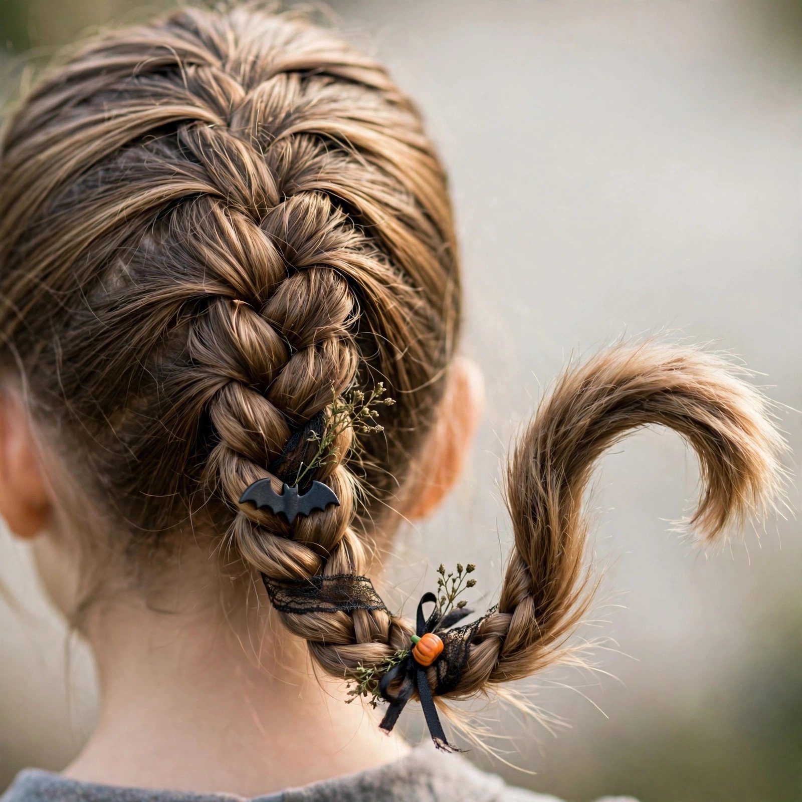Braided cat tail ponytail Halloween hairstyle for girls, back view