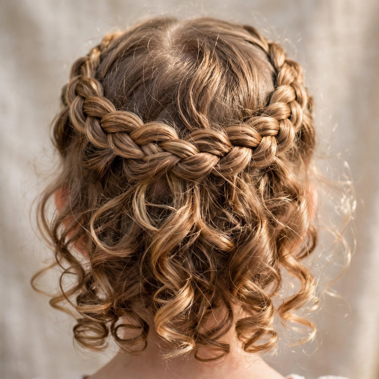 Braided crown with curls for little girls, back view