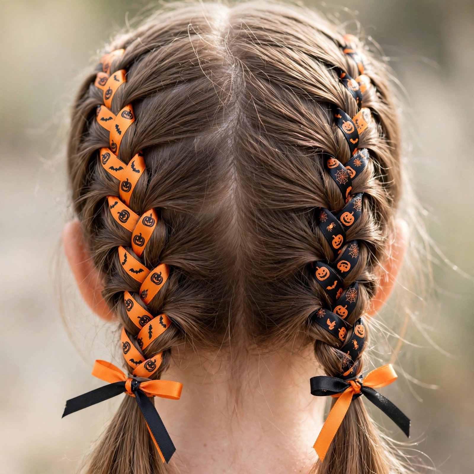 Braids with Halloween ribbons hairstyle for girls, back view