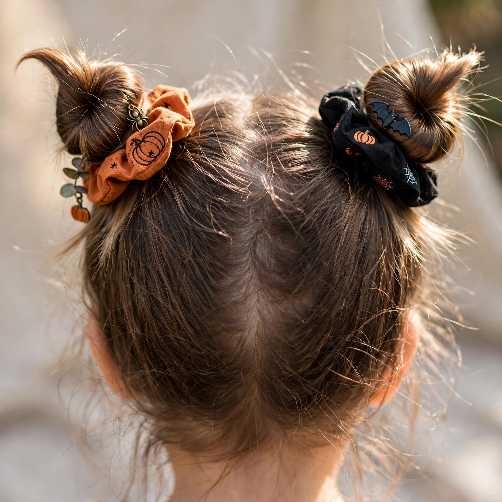 Cat ears hair buns Halloween hairstyle for girls, back view