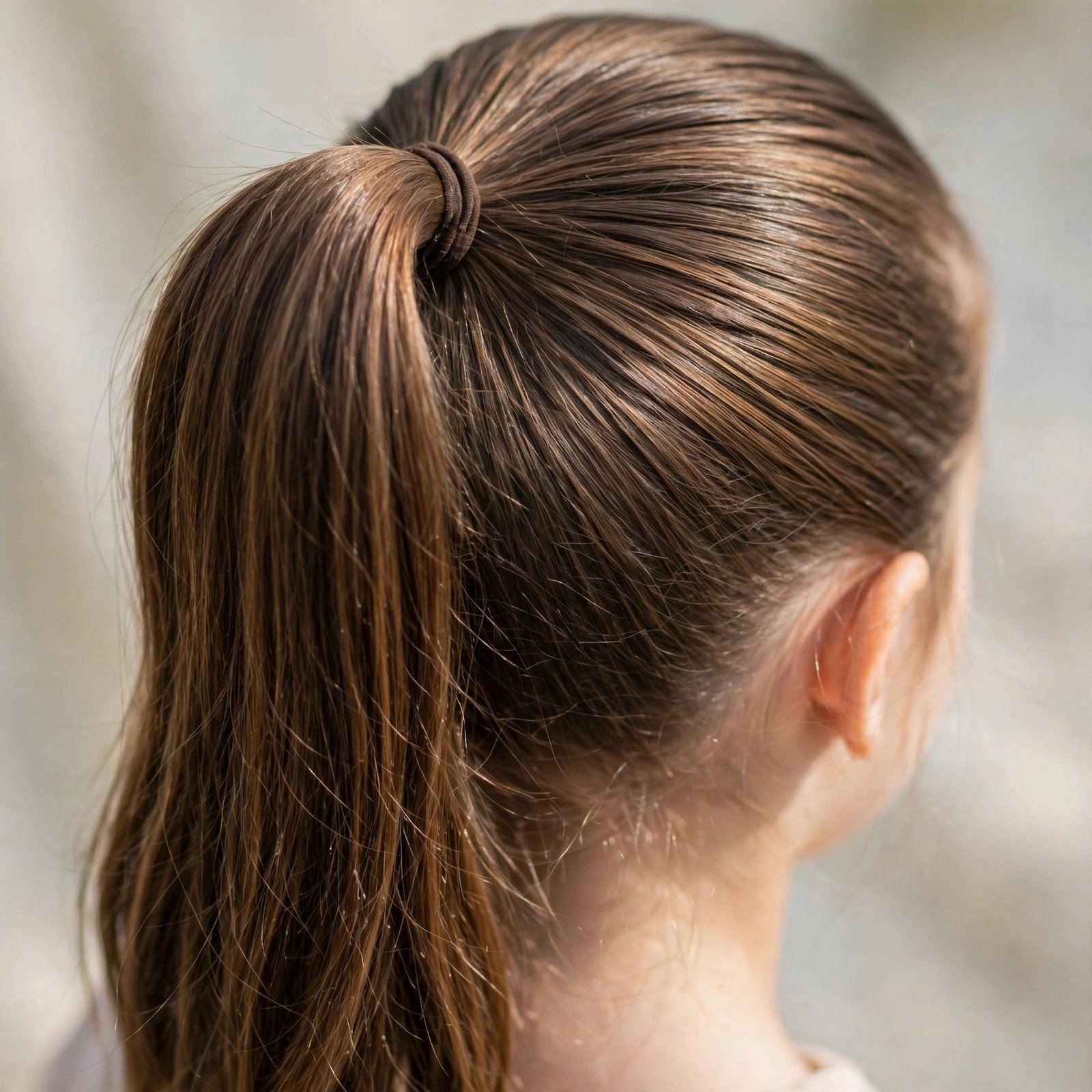 Classic high ponytail hairstyle for girls, back view