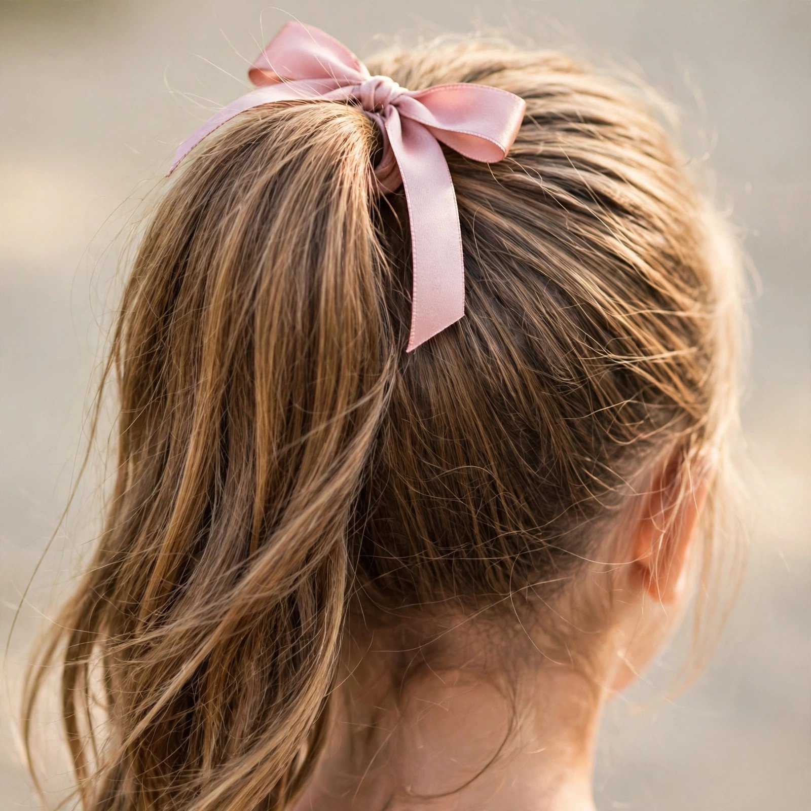 Classic high ponytail with ribbon for girls, back view