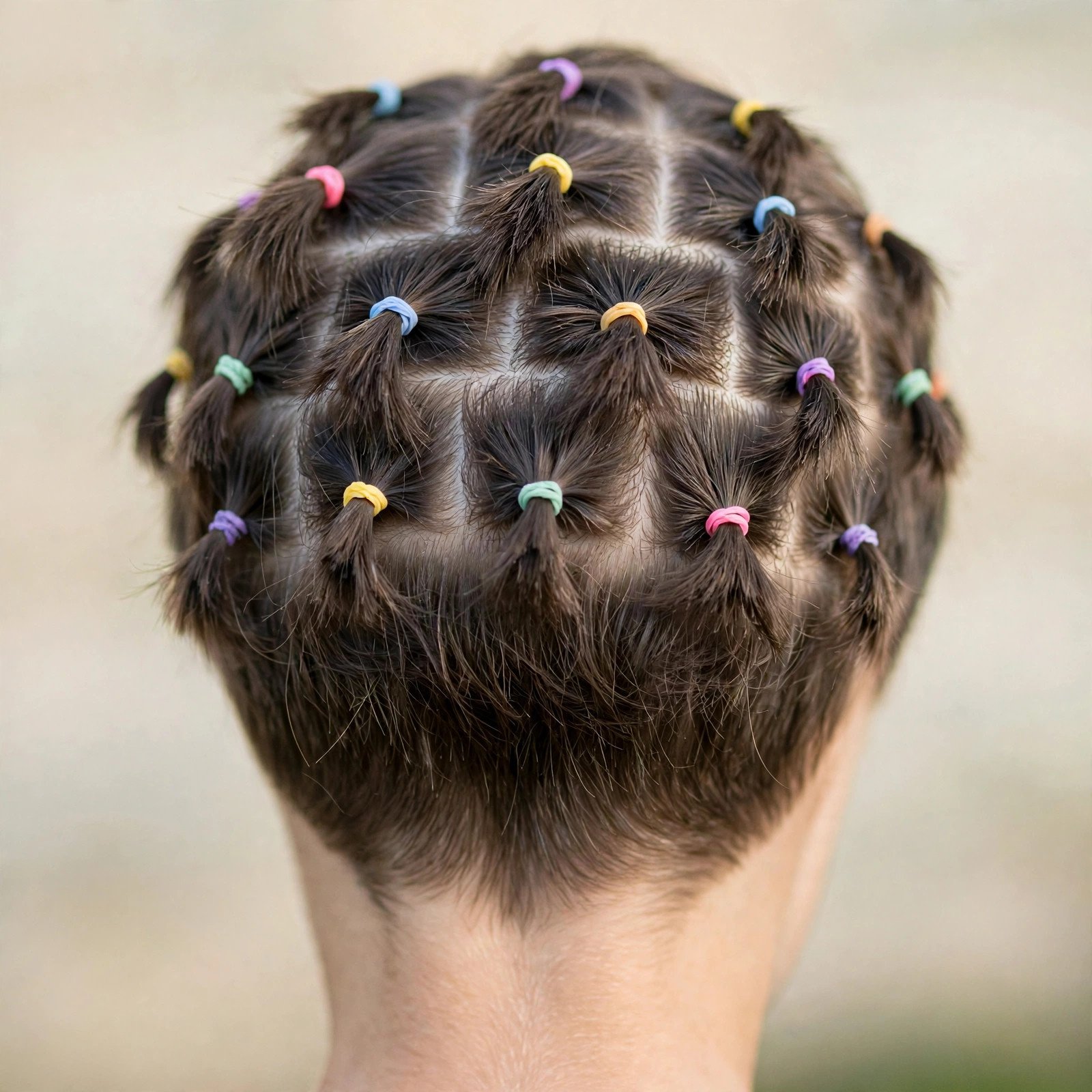 Back view of Classic Sectioned Rubber Band Style hairstyle for boys