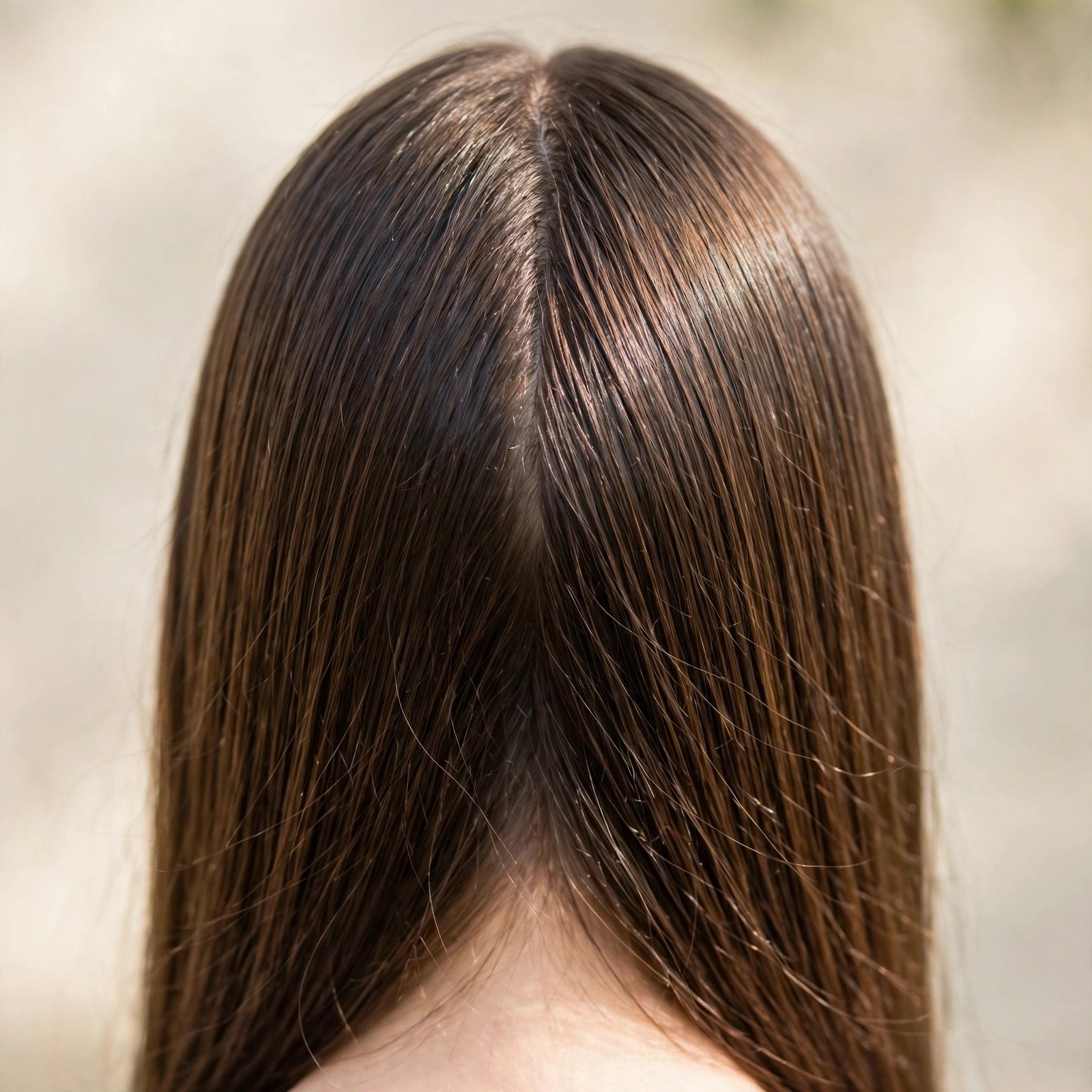 Classic straight hair with middle part for college girls, back view
