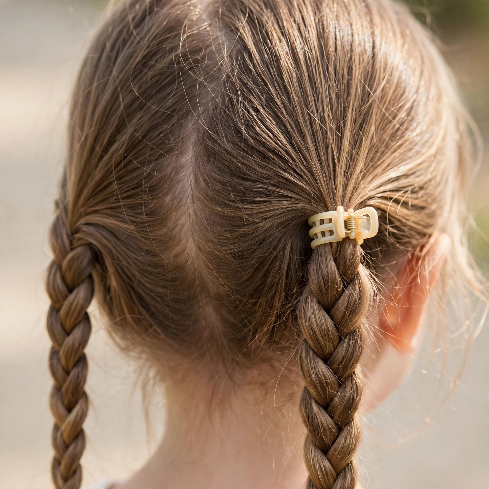 Claw clip with braided pigtails for girls, back view