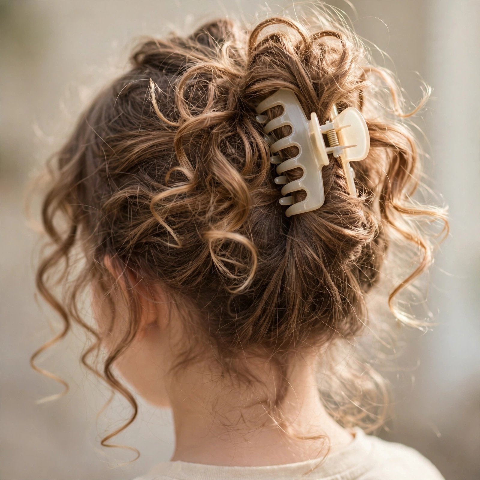 Claw clip with loose curls for girls, back view