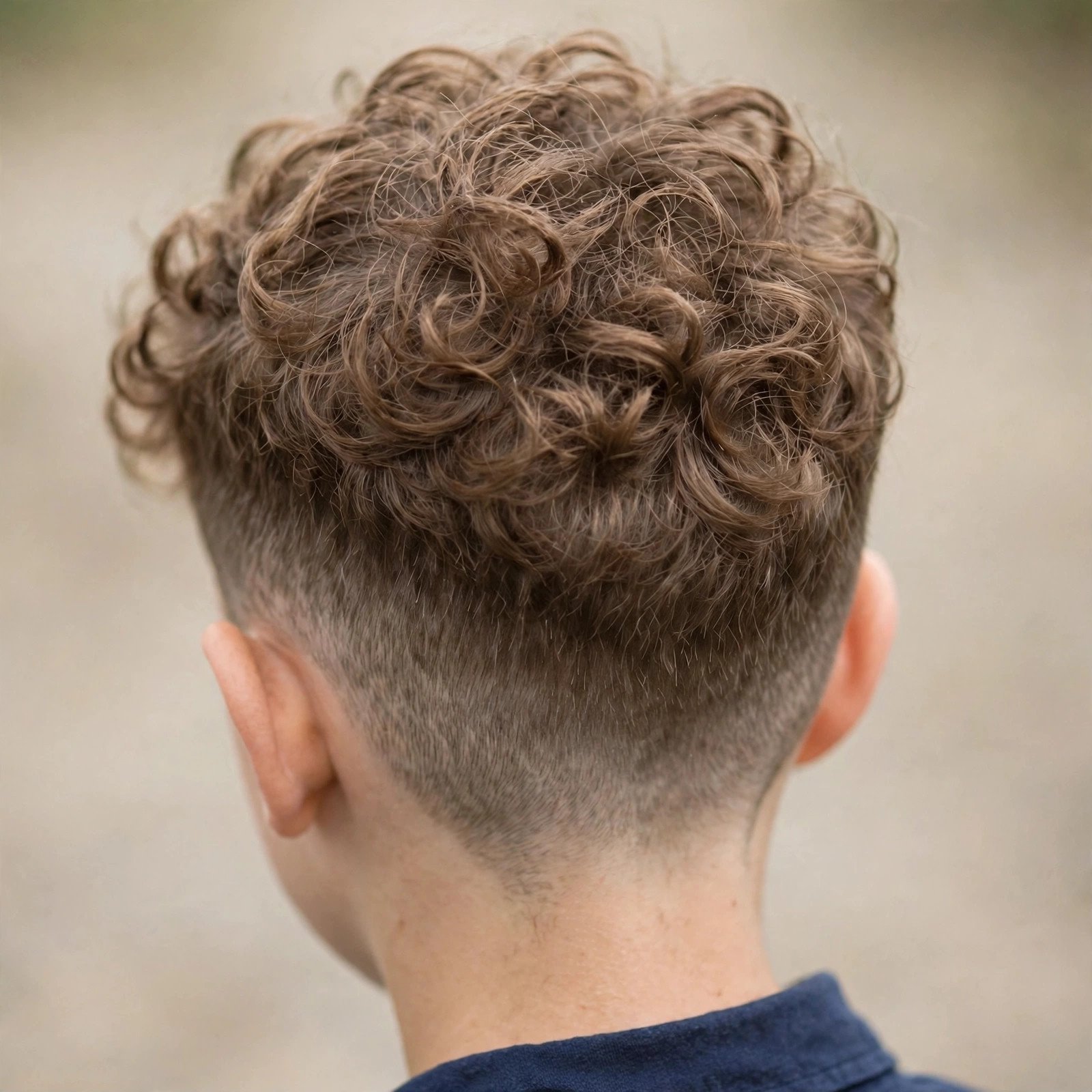 Back view of Curly Top with Low Fade hairstyle for boys