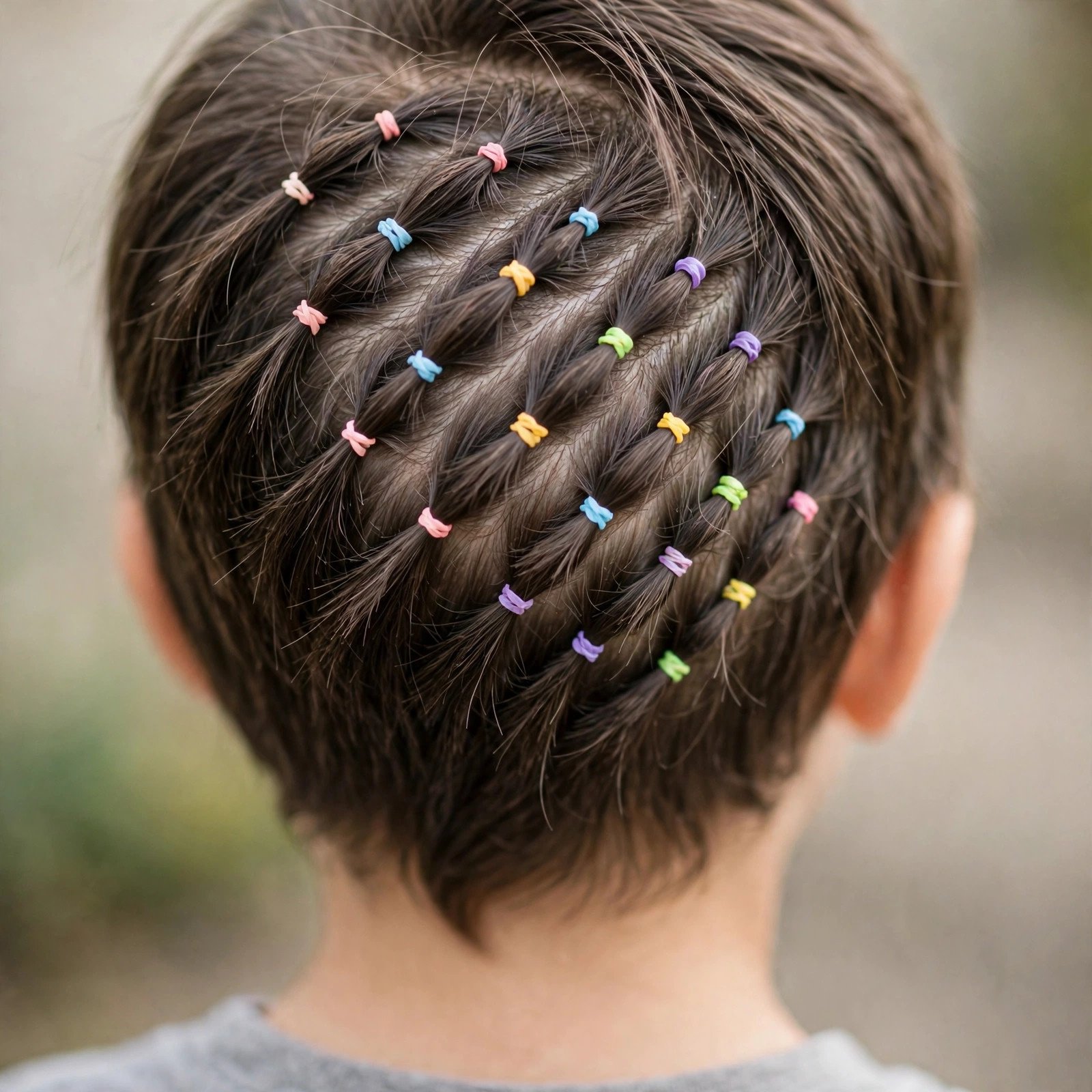 Back view of Diagonal Rubber Band Sections hairstyle for boys