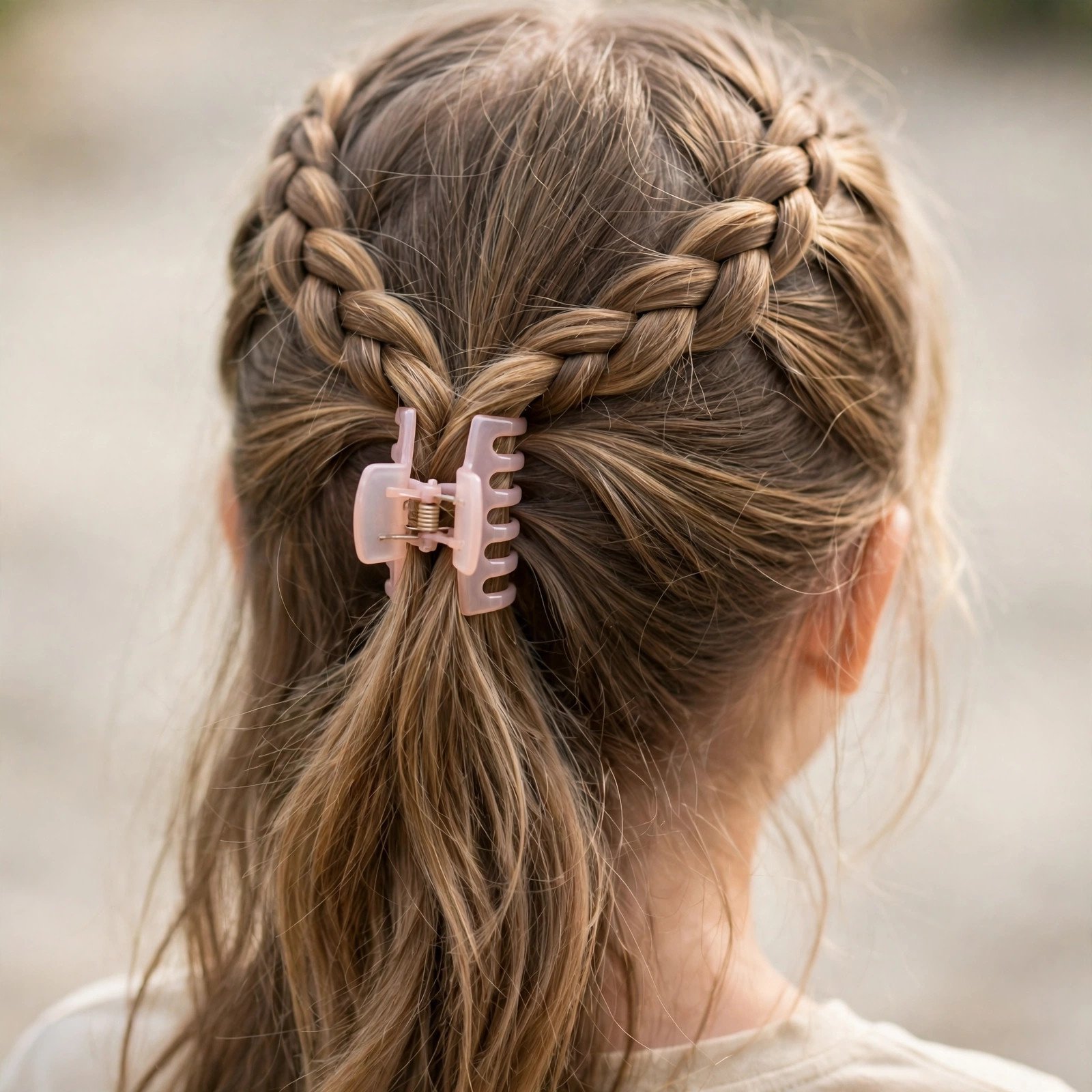 Double braided half-up with claw clip for girls, back view