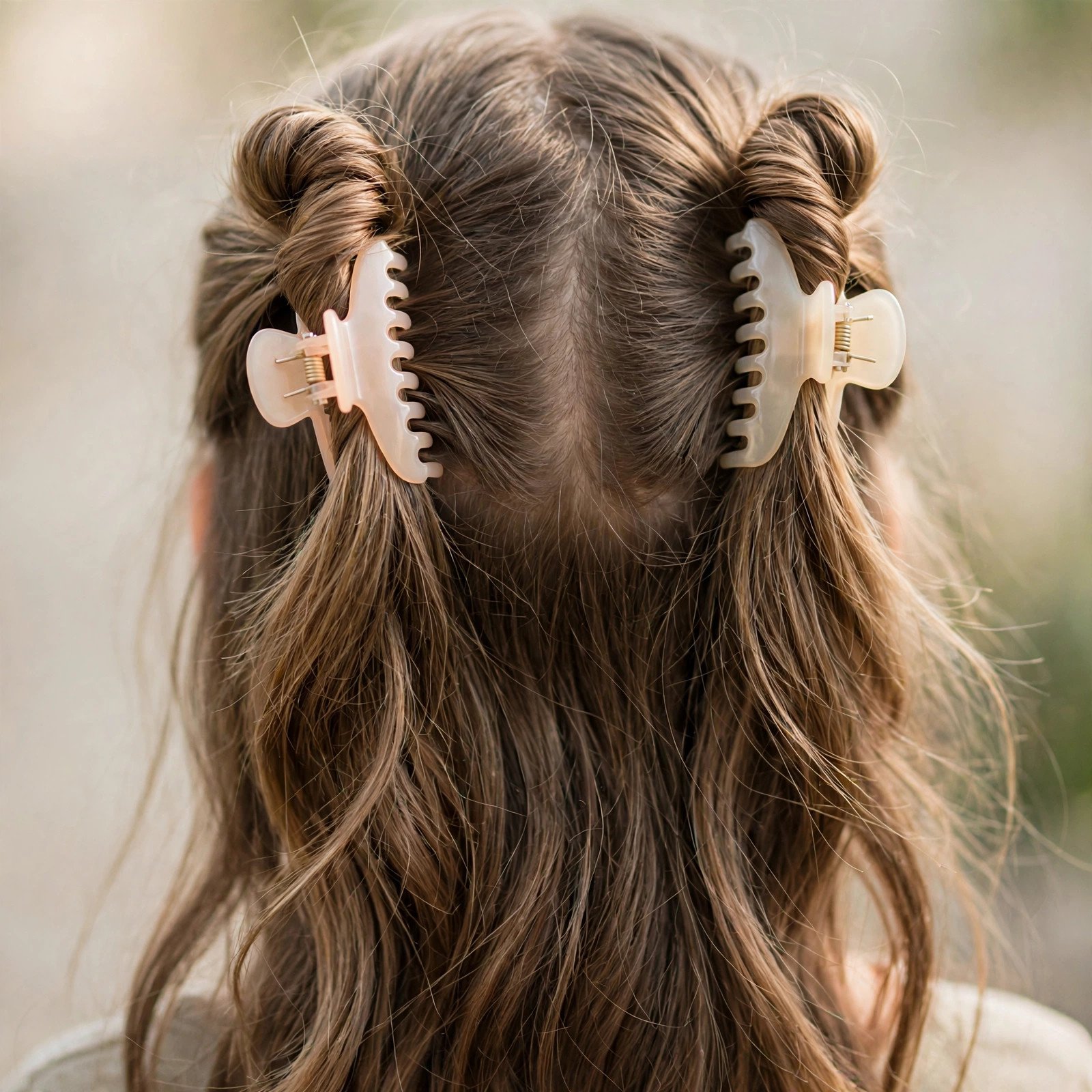Double half-up claw clips hairstyle for girls, back view
